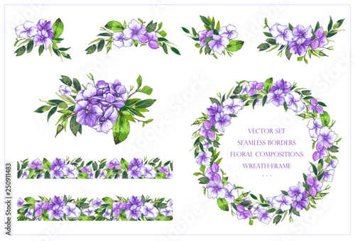 images Purple Flower Border Design https stock adobe com images vector set with floral seamless border round frame and compositions of purple hydrangea flowers and green leavess to use in the design of cards invitation textiles fabrics printing and so on 250911483 start checkout 1 content id 250911483