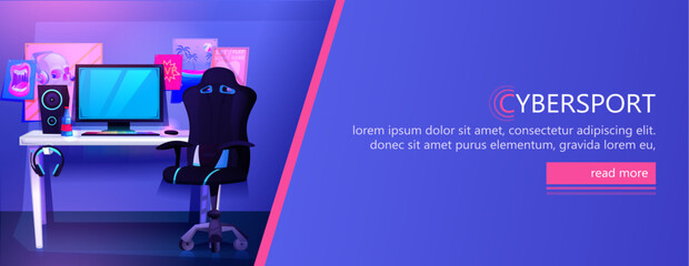 Wall Mural - ESports interior banner. Workplace cyber sportsman gamer. A desk with a computer and headphones and a mouse with light and a gamers chair. Vector cartoon illustration