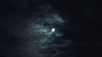 Wall Mural - Full moon or supermoon in night blue sky with fast moving clouds, dramatic mysterious atmosphere, toned