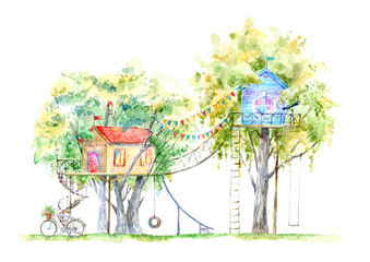 Tree house for kids.Swing, bicycle,slide,telescope, and playhouse.Summer image.White background. Watercolor hand drawn illustration.