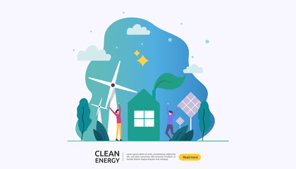 green clean energy sources. renewable electric sun solar panel and wind turbines. environmental concept with people character. web landing page template, banner, presentation, social, and print media.