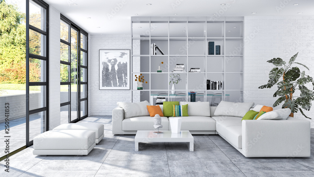 large luxury modern bright interiors room illustration 3D rendering - obrazy, fototapety, plakaty 