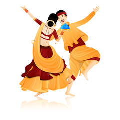 Canvas Print - Dancing couple character for indian festival of colors celebration.