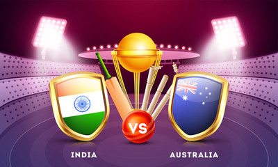 Sticker - India vs Australia cricket tournament poster design with countries flag shields and cricket equipments illustration on night stadium view background.