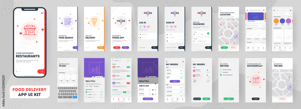 Food delivery mobile app ui kit including sign up, food menu, booking and home service type review screens. - obrazy, fototapety, plakaty 