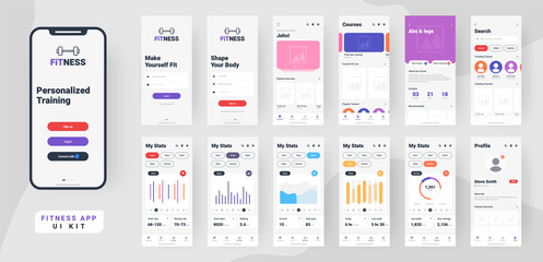 Wall Mural - fitness mobile app material design with different gui screens including sign create profile, workout