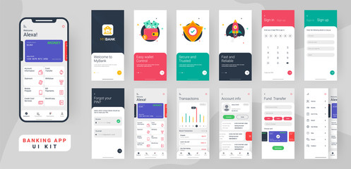 banking app ui kit for responsive mobile app or website with different layout including login, creat