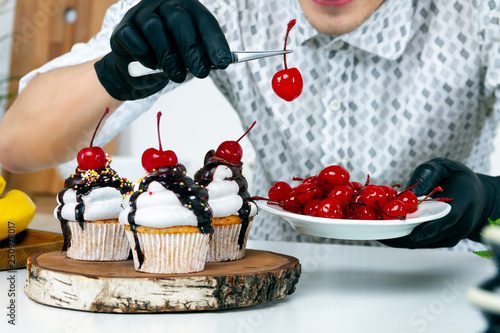 Cook Chef Men In Black Gloves Prepare Decorate Vegan Vegetarian