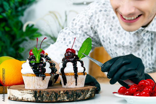 Cook Chef Men In Black Gloves Prepare Decorate Vegan Vegetarian