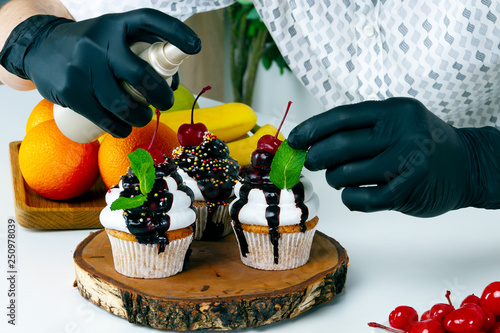 Cook Chef Men In Black Gloves Prepare Decorate Splash Vegan
