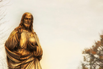 Wall Mural - The statue of Jesus Christ. He holds the sphere with a cross as a symbol of the trusteeship of Christianity above the earth (faith concept)