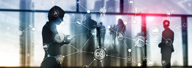 Wall Mural - technology industrial business process workflow organisation structure on virtual screen. iot smart 