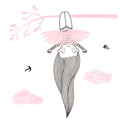 Cutelittle girl in pink ballerina skirt hanging head down on the tree. Vector doodle illustration in pink colour for girlish designs like textile apparel print, wall art, poster, stickers, cards and