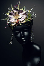 Head Of Mannequin In Creative Kokoshnick With Flower And Leaves