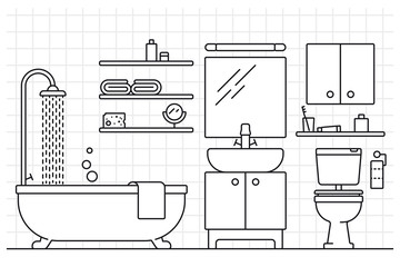 Wall Mural - Bathroom interior line art vector illustration