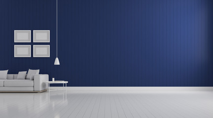 Poster - View of living room space with furnitures, blue wall and light grey laminate floor.Perspective of modern architecture design. 3d rendering.	