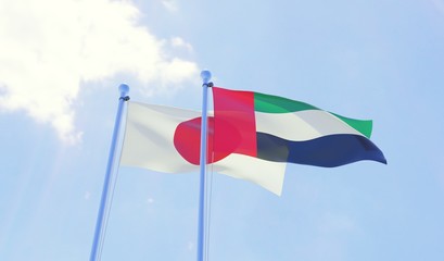 Japan and UAE, two flags waving against blue sky. 3d image