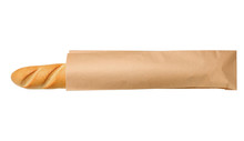 Paper Bag With Baguette On White Background, Top View. Space For Design
