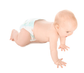 Poster - Cute little baby crawling on white background