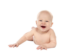 Canvas Print - Cute little baby on white background. Tummy and crawling time