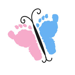 Baby girl, baby boy foot prints. Made of butterfly with foot prints. Coming soon baby. Baby gender reveal symbol. Blue and pink. Girl, boy, twin baby symbol. Foot steps. Baby girl. Baby boy. Twin baby