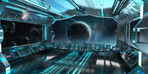 Poster - Blue spaceship interior control panel station 3D rendering