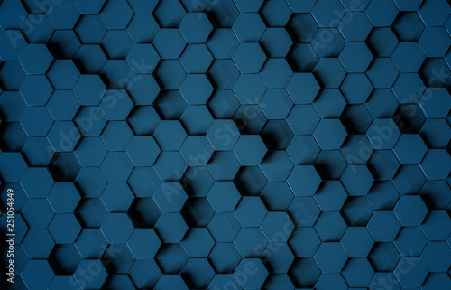 Black blue hexagons background pattern 3D rendering