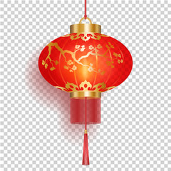 Red Chinese lantern with gold sakura patterns isolated on transperent background