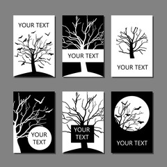 Vector set of six hand drawn cards or cover templates in black and white with bats and tree branches 