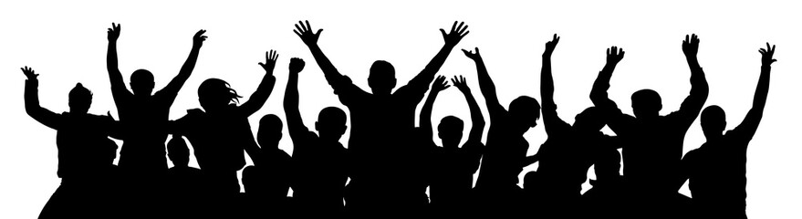 Wall Mural - Crowd of fun people. A young group of people raised their hands up. Silhouette of vecton illustration