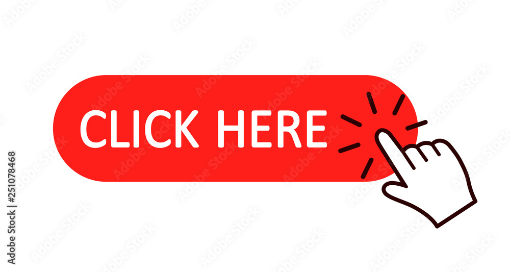 Click here button with hand pointer clicking. Click here web button. Isolated website buy or register bar icon with hand finger clicking cursor – for stock vector - obrazy, fototapety, plakaty 