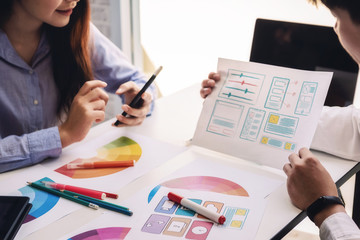 Programmer engineers discussion and drawing website ux app for start new project web design in company office. Developing programming and coding technologies Concept.