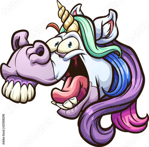 Valokuva  Crazy cartoon unicorn head laughing and neighing clip art
