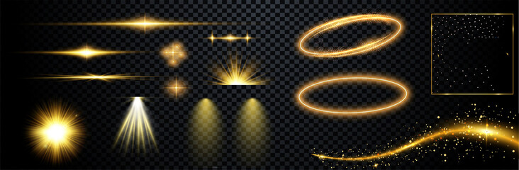 set of flashes, lights and sparks. abstract golden lights isolated on a transparent background. brig