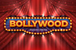 Indian cinema background. Bollywood film poster with red drapes, 3D realistic movie award stage. Blue vector Bollywood cinematography