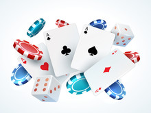 Playing Cards Chips Dice. Casino Poker Gambling Realistic 3D Falling Cards And Chips Isolated On White. Vector Poker Cards Set