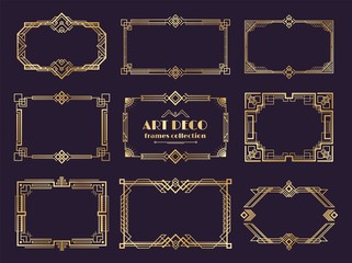 Art deco borders set. Golden 1920s frames, nouveau luxury geometric style, abstract vintage ornament. Vector art deco elements set