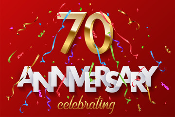 Wall Mural - 70 golden numbers and Anniversary Celebrating text with colorful serpentine and confetti on red background. Vector celebration 70th anniversary event horizontal template.