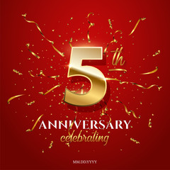 Wall Mural - 5 golden number and Anniversary Celebrating text with golden serpentine and confetti on red background. Vector fifth anniversary celebration event square template.