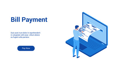 Isometric landing page template for bill payment. Vector illustration mock-up for website and mobile website