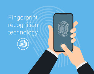 Wall Mural - Man hold mobile phone to unlock with finger. Fingerprint security on smartphone.