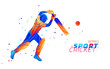 Vector abstract illustration of batsman playing cricket from colored liquid splashes and brush strokes with colored dots. Championship and competition sports. 3d player silhouette.
