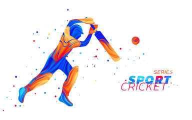 Wall Mural - Vector abstract illustration of batsman playing cricket from colored liquid splashes and brush strokes with colored dots. Championship and competition sports. 3d player silhouette.