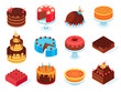 Isometric cakes. Chocolate cake slice, delicious sliced birthday pie and tasty pink glaze cake isolated 3d vector set