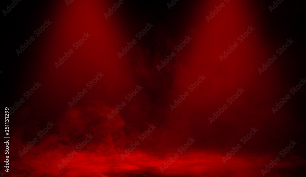 Red smoke stage studio. Abstract spotlight with fog texture . - obrazy, fototapety, plakaty 