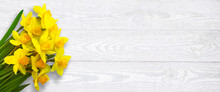 Rustic Light Wood Background With Yellow Daffodils Flowers