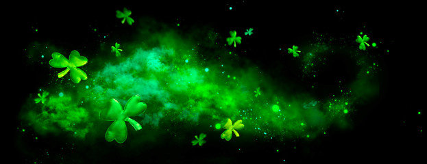 Wall Mural - St. Patrick's Day green blurred background with shamrock leaves. Patrick Day. Abstract border art design. Magic clover nature backdrop