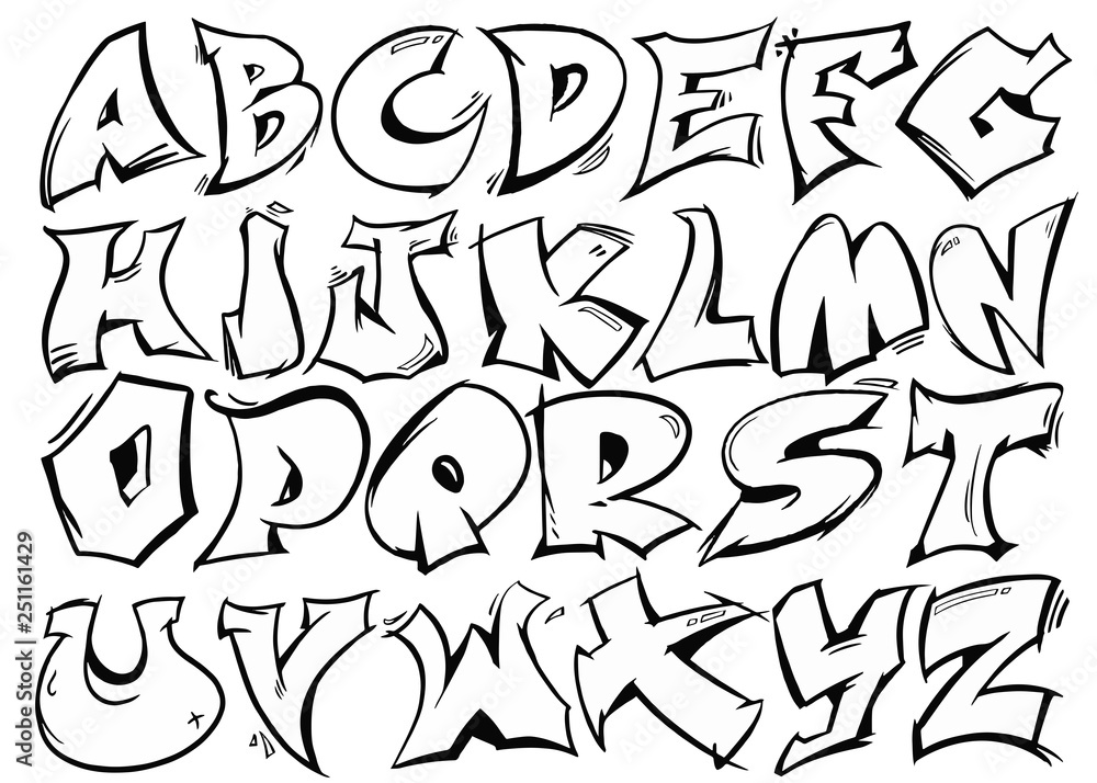 English alphabet vector from A to Z in graffiti black and white style. - obrazy, fototapety, plakaty 