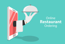 Flat Isometric Vector Concept Of Table Online Reservation, Mobile Booking, Food Ordering And Delivery.
