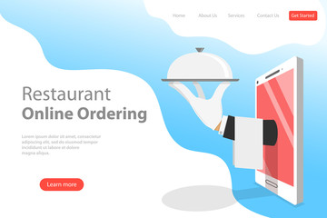 Flat vector landing page template of table online reservation, mobile booking, food ordering and delivery.